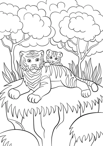 Páginas para colorir. Animais selvagens. Sorrindo mãe tigre com seu pequeno tigre bebê bonito na floresta . —  Vetores de Stock