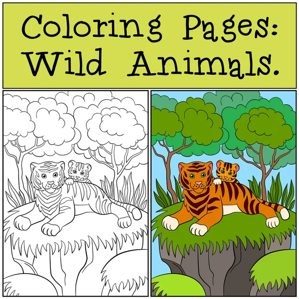 Dibujos para colorear: Animales salvajes. Madre tigre con su pequeño tigre bebé lindo en el bosque . — Vector de stock