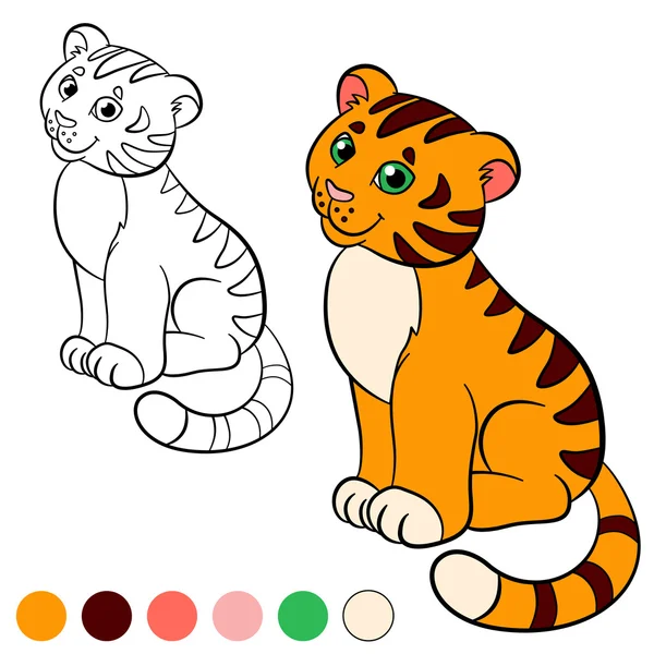 Coloring page. Color me: tiger. Little cute baby tiger smiles. — Stock Vector