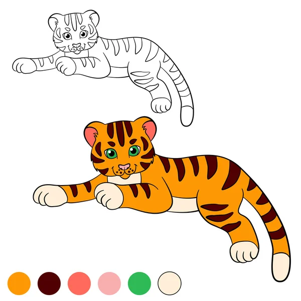 Coloring page. Color me: tiger. Little cute baby tiger lays and smiles. — Stock Vector