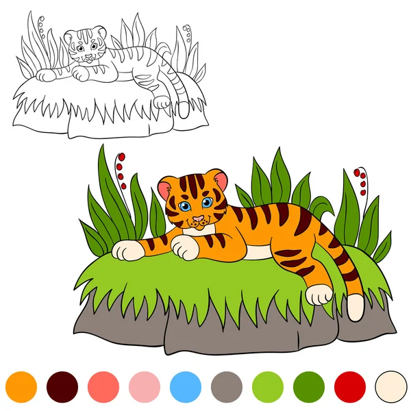 Coloring page. Color me: tiger. Little cute baby tiger smiles. — Stock Vector