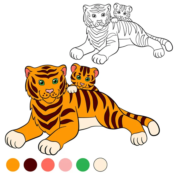 Coloring page. Color me: tiger. Mother tiger lays with her little cute baby tiger. — Stock Vector