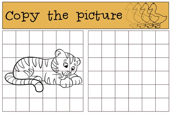 Kinderspiele: kopieren Sie das Bild. kleiner süßer Baby-Tiger legt sich und lächelt. — Stockvektor