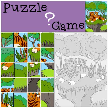 Eğitim oyun çocuklar için. Bulmaca. Onun küçük şirin bebek kaplan ile anne kaplan.