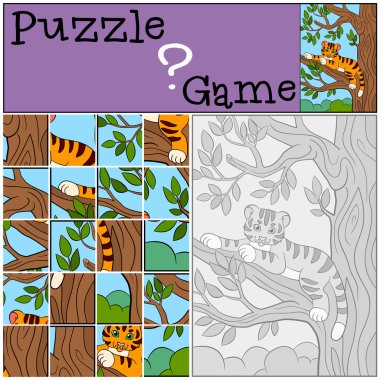 Eğitim oyun çocuklar için. Bulmaca. Küçük şirin bebek kaplan ağaç dalı ve gülümsüyor üzerinde bırakır.