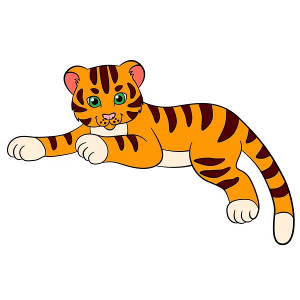 Dessin animé animaux sauvages pour les enfants : Tigre. Petit bébé tigre mignon pose et sourit . — Image vectorielle