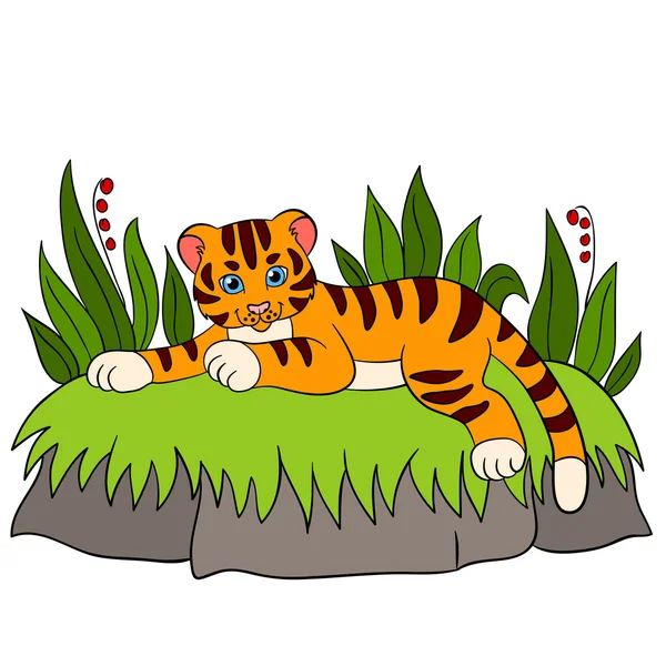 Cartoon wild animals for kids: Tiger. Little cute baby tiger lays and smiles. — Stock Vector