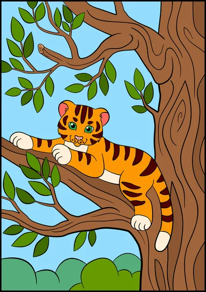 Wild animals. Little cute baby tiger lays on the tree branch and smiles. — Stock Vector