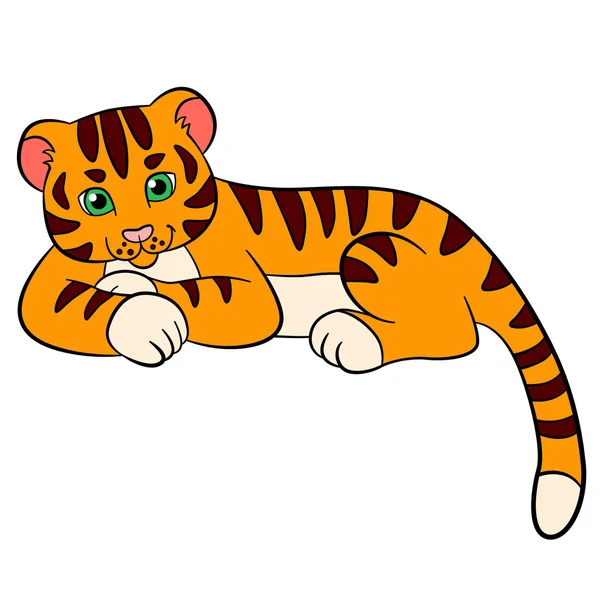 Cartoon wild animals for kids: Tiger. Little cute baby tiger lays and smiles. — Stock Vector