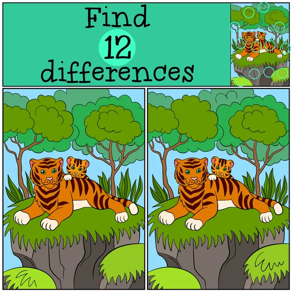 Juegos para niños: Encontrar diferencias. Madre tigre se acuesta con su pequeño tigre bebé lindo y sonríe . — Vector de stock