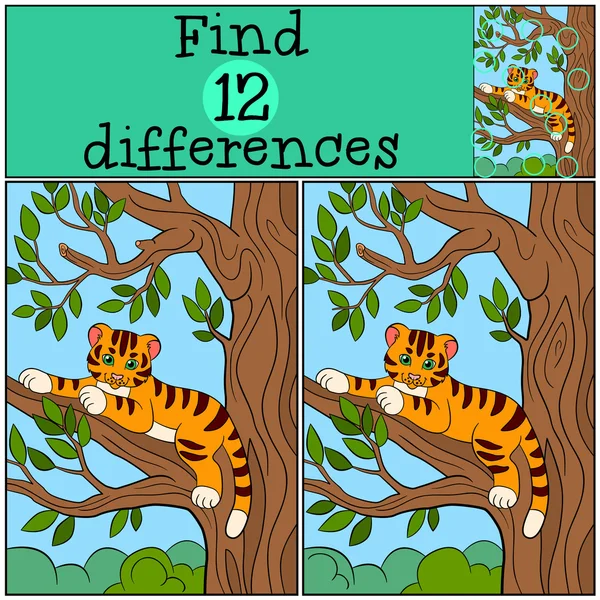 Παιδιά παιχνίδια: βρείτε διαφορές. Ένα μικρό χαριτωμένο μωρό Τίγρη βάζει στο κλαδί του δέντρου και χαμογελά. — Διανυσματικό Αρχείο