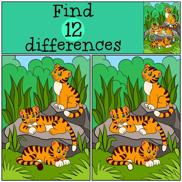 Kinderspiele: Unterschiede finden. Kleine süße Tiger. — Stockvektor