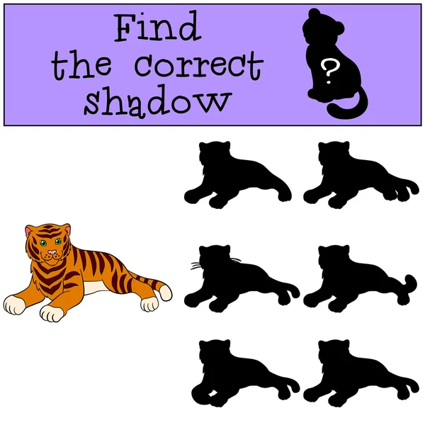 Kinderspiele: Finden Sie den richtigen Schatten. Niedlicher Tiger lächelt. — Stockvektor