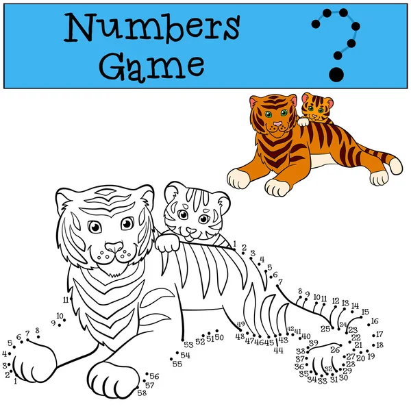 Educational games for kids: Numbers game. Mother tiger lays with her little cute baby tiger. — Stock Vector