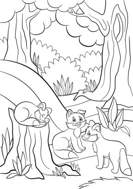 Boyama sayfaları. Vahşi hayvanlar. Üç küçük sevimli bebek tilki.