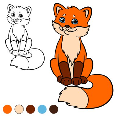 Boyama sayfası. Renk me: tilki. Küçük sevimli bebek tilki gülümsüyor.