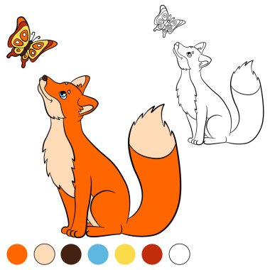 Coloring page. Color me: fox. Cute beautiful fox looks at the flying butterfly and smiles. clipart