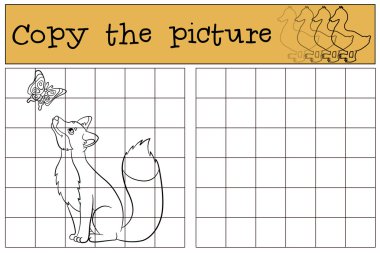 Çocuk oyunları: Resmi kopyalayın. Küçük sevimli tilki kelebeğe bakar ve gülümser.