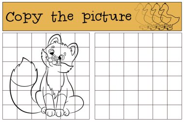 Çocuk oyunları: Resmi kopyalayın. Küçük sevimli bebek tilki burnunda sinek bakar ve gülümsüyor.