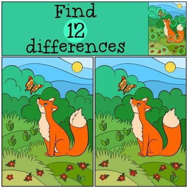 Çocuk oyunları: farklılıkları bulun. Küçük sevimli tilki kelebeğe bakar ve gülümser.