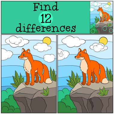 Çocuk oyunları: farklılıkları bulun. Küçük sevimli tilki kayanın üstünde duruyor ve gülümsüyor.