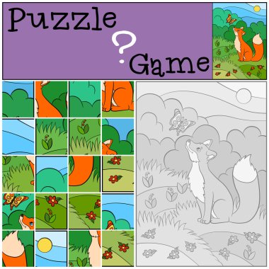 Çocuklar için eğitim oyunları. Bulmaca. Küçük sevimli tilki oturur ve ormanda kelebek bakar. 