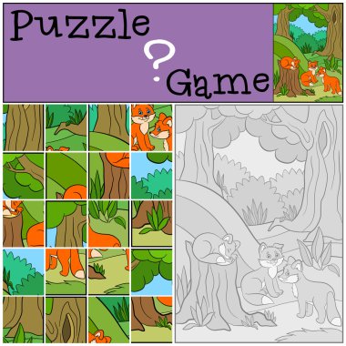 Çocuklar için eğitim oyunları. Bulmaca. Küçük sevimli tilkiler.