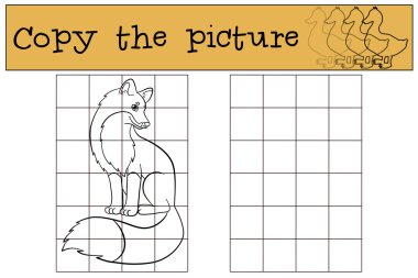 Çocuk oyunları: Resmi kopyalayın. Küçük sevimli tilki gülümsüyor oturur.