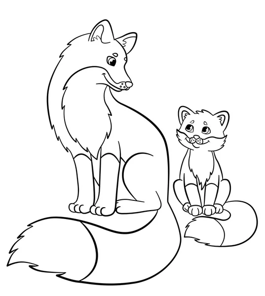 Coloring pages. Wild animals. Mother fox with her little cute baby fox smile. — Stock Vector