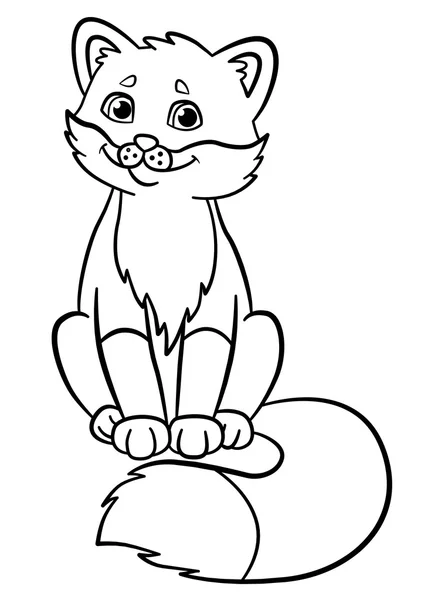 Coloring pages. Wild animals. Little cute baby fox smiles. — Stock Vector