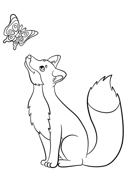 Coloring pages. Wild animals. Little cute fox looks at the butterfly and smiles. — Stock Vector