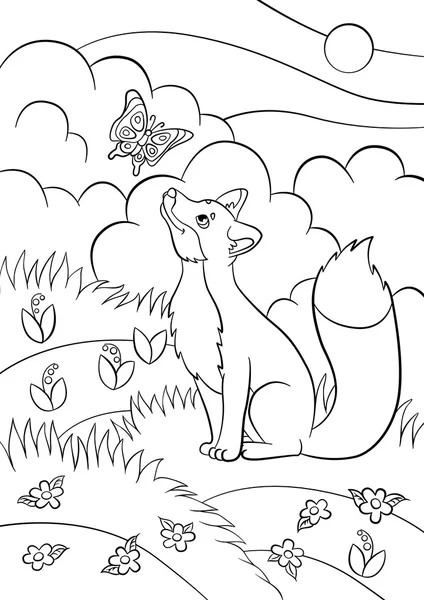 Coloring pages. Wild animals. Little cute fox looks at the butterfly and smiles. There is forest around. — Stock Vector