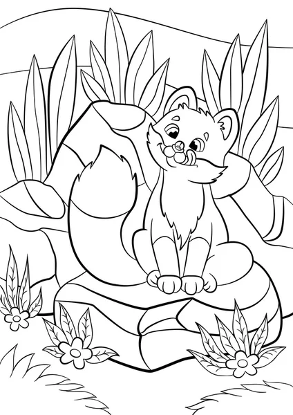 Coloring pages. Wild animals. Little cute baby fox looks at the fly in his nose and smiles. There are stones and grass around. — Stock Vector