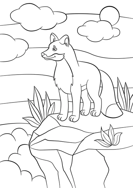 Coloring pages. Wild animals. Little cute fox stands and smiles. — Stock Vector