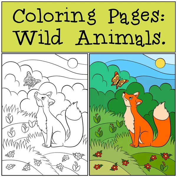 Disegni da colorare: Animali selvatici. Piccola volpe carina siede e guarda la farfalla. C'è foresta intorno . — Vettoriale Stock