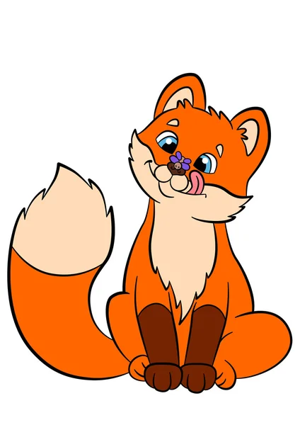 Kolorowanki. Dzikie zwierzęta. Little cute baby Fox patrzy w locie w nos i uśmiechy. — Wektor stockowy