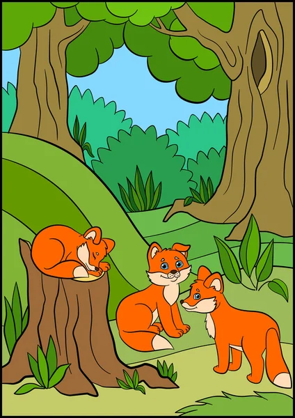 Окраска страниц. Дикие животные. Маленькие милые лисички . — стоковый вектор