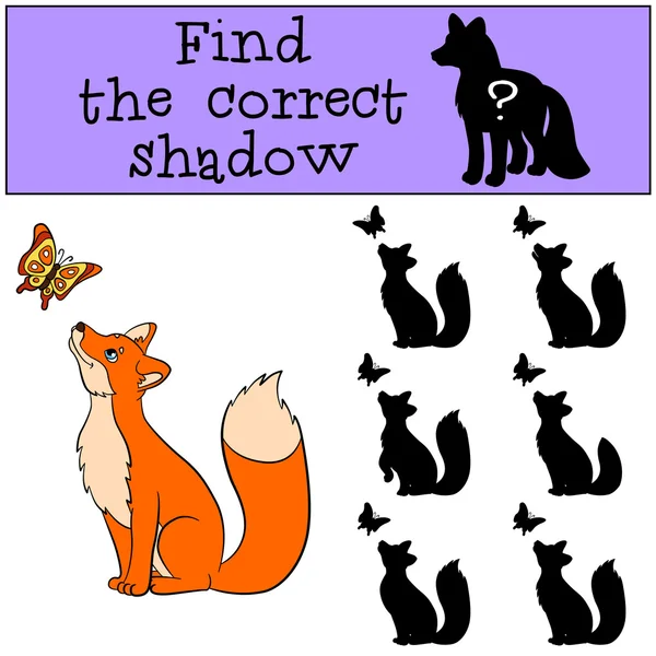 Dětské hry: Najděte správný stín. Roztomilá liška se dívá na motýla a usmívá. — Stockový vektor
