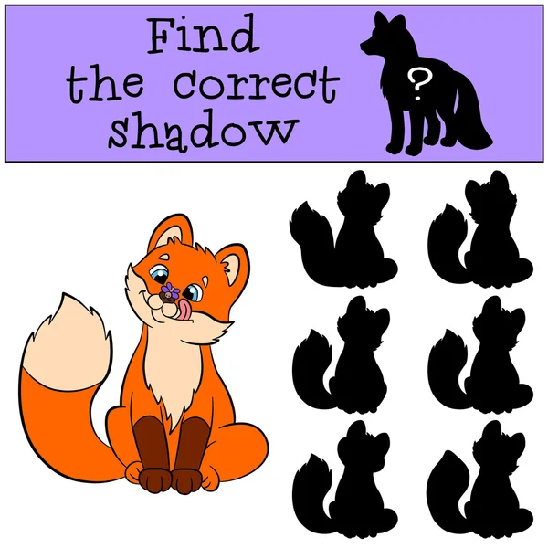 Dětské hry: Najděte správný stín. Malá roztomilá liško se dívá na mouchu na nose a usměje se. — Stockový vektor