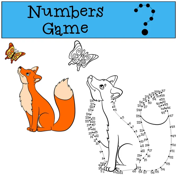 Образовательные игры для детей: цифры игры с контуром. Милый лис смотрит на бабочку и улыбается. . — стоковый вектор