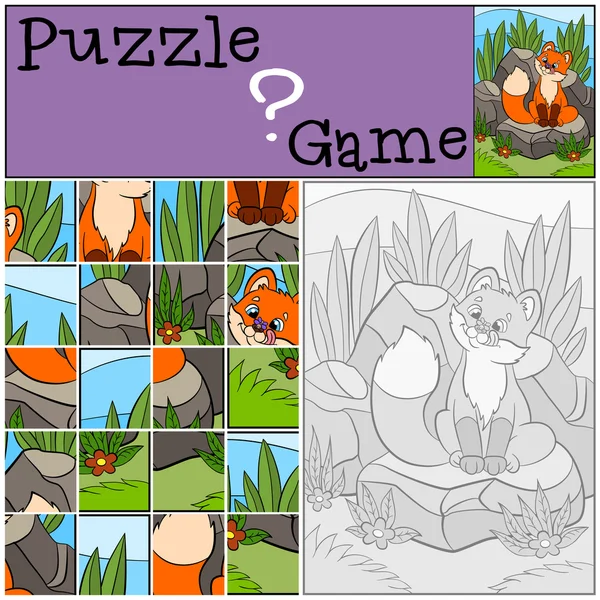 Educatieve spelletjes voor kinderen. Puzzel. Kleine schattige baby vos kijkt naar de vlieg op zijn neus en glimlacht. — Stockvector