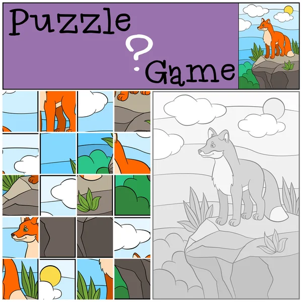 Juegos de educación para niños. Puzzle. Pequeño lindo se para en la parte superior en la roca y sonríe . — Vector de stock