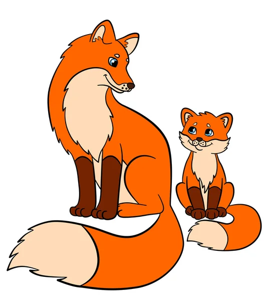 Cartoon wild animals for kids: Fox. Mother fox sits with her little cute baby fox. — Stock Vector