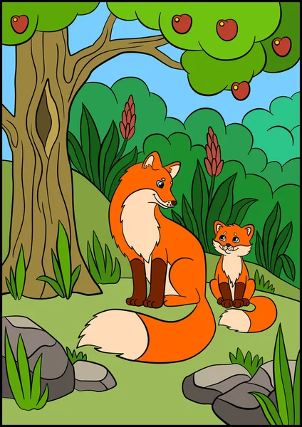 Disegni da colorare. Animali selvatici. Sorridente madre volpe con il suo piccolo simpatico bambino volpe nella foresta . — Vettoriale Stock