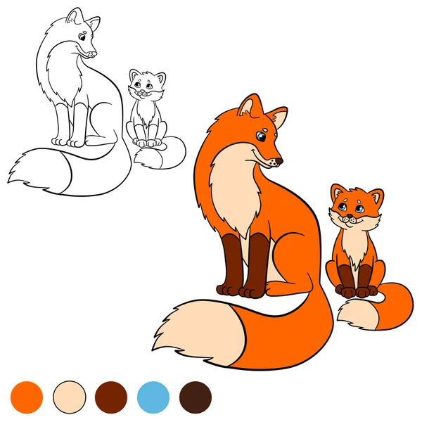 Coloring page. Color me: fox. Mother fox with her little cute baby fox smile. — Stock Vector