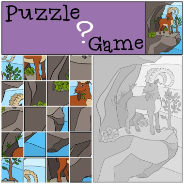 Eğitim oyun: Puzzle. Büyük boynuzlu sevimli dağ keçisi.