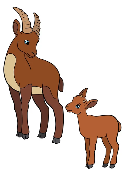 Cartoon animals. Mother ibex with her little cute baby. — Stock Vector