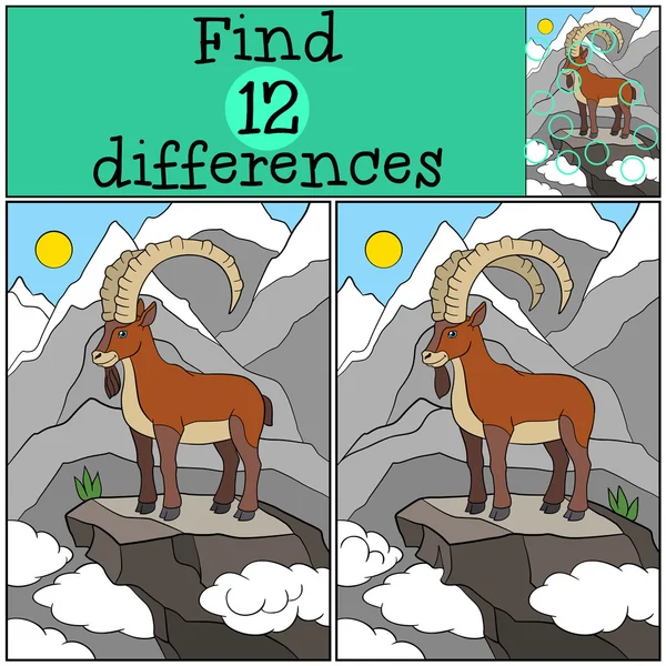 Образовательная игра: Найдите различия. Симпатичный козёл с большими рогами . — стоковый вектор