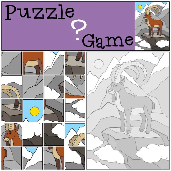 Educazione gioco: Puzzle. Carino stambecco con grandi corna sorrisi . — Vettoriale Stock