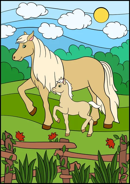 Animales de granja de dibujos animados. Caballo madre con potro . — Vector de stock